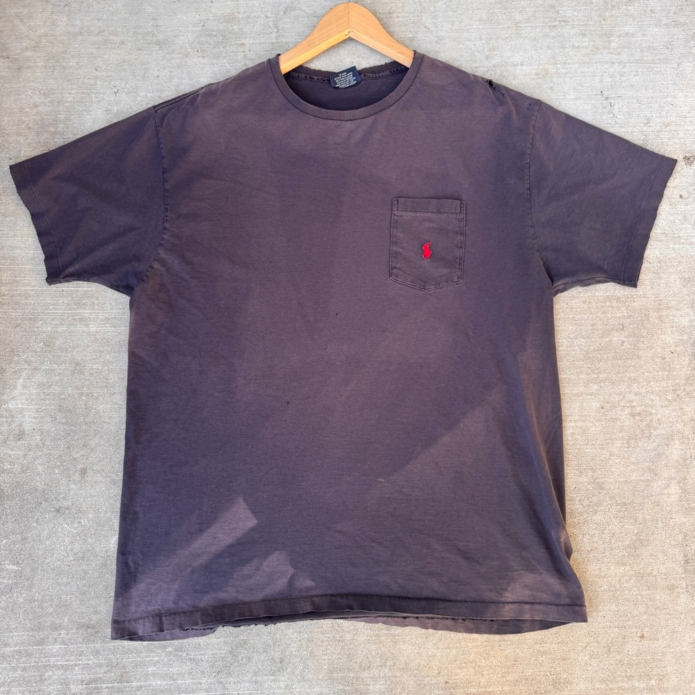 Polo Ralph Lauren 90s Distressed Pocket T-Shirt Faded Black Large Single Stitch